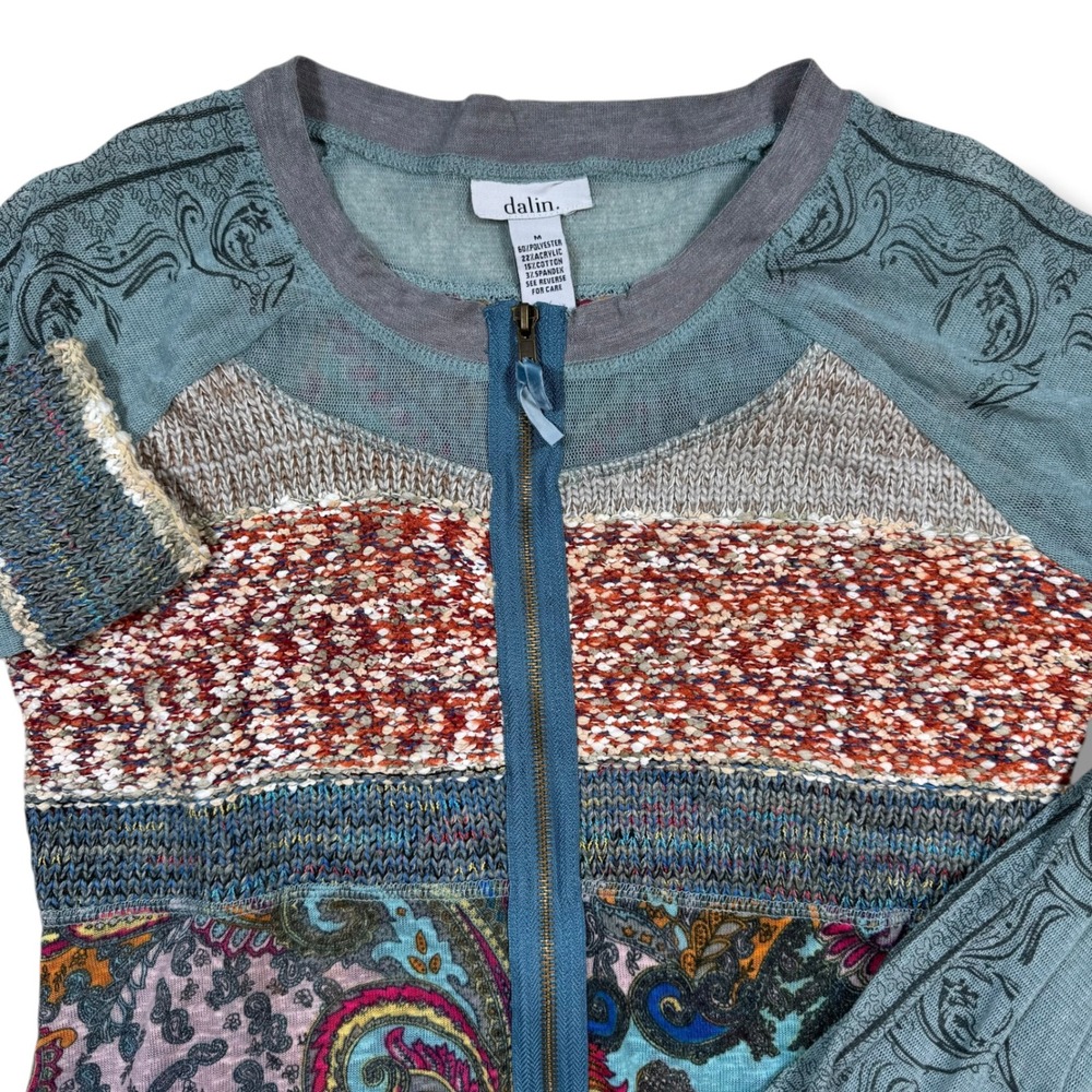 Dalin Zip Up Cardigan Womens Medium Blue Multi‎ Paisley Mixed Media Knit Jacket